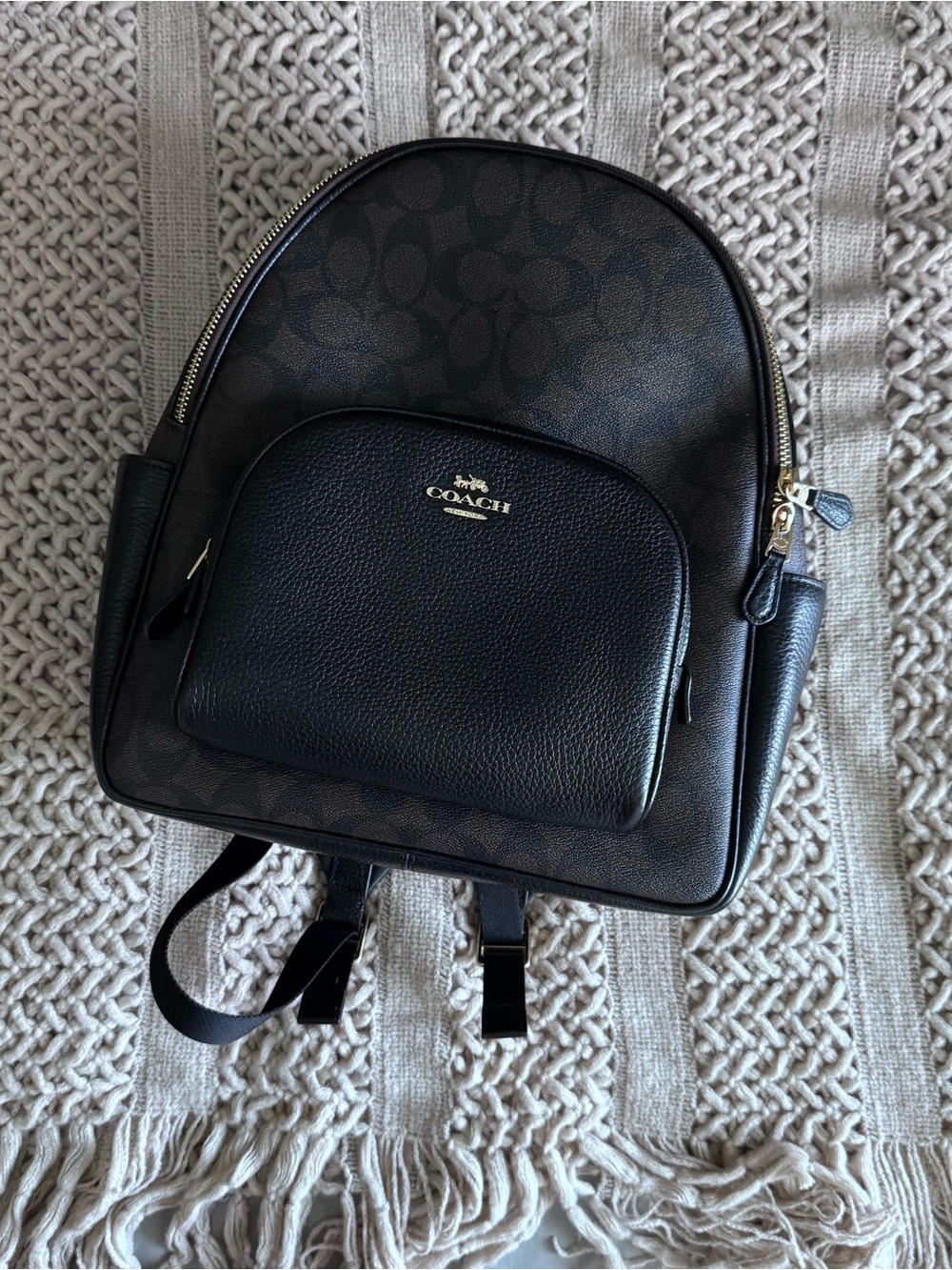 Coach Dark Brown/Black Signature Canvas Backpack with Pebbled Front Pocket